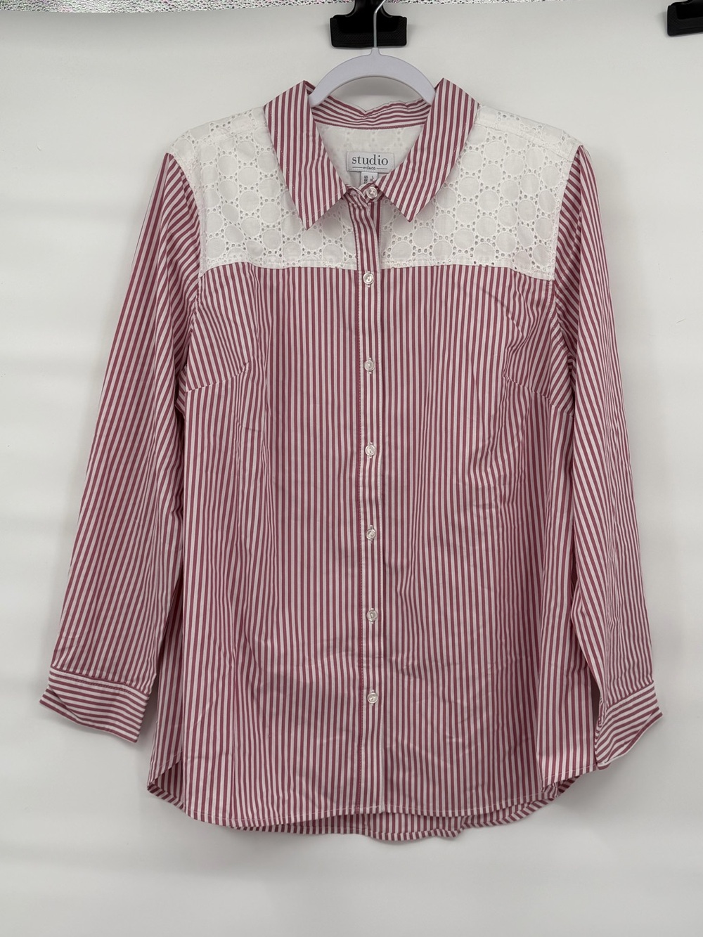 Studio by denim and co. Cotton blend lace and stripe button up shirt